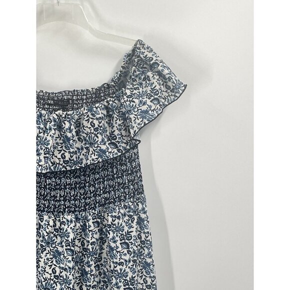 Zara Blue Floral Off Shoulder Maxi Dress Cottagecore Sz XL Smocked Coastal Chic - Picture 2 of 6